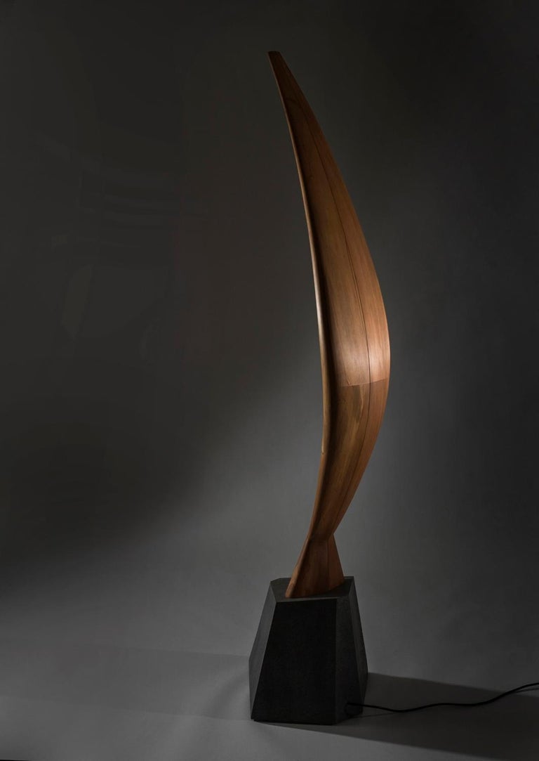 Hand-Carved Modern ‘Windswept’ Floor Lamp Sculpture in Sustainable Ancient Wood and Stone