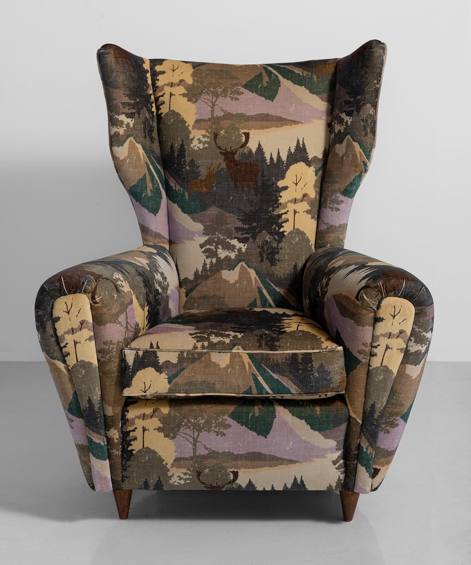 Modern wing chair, Italy, circa 1950.

Dynamic form, newly reupholstered in nature themed velvet.