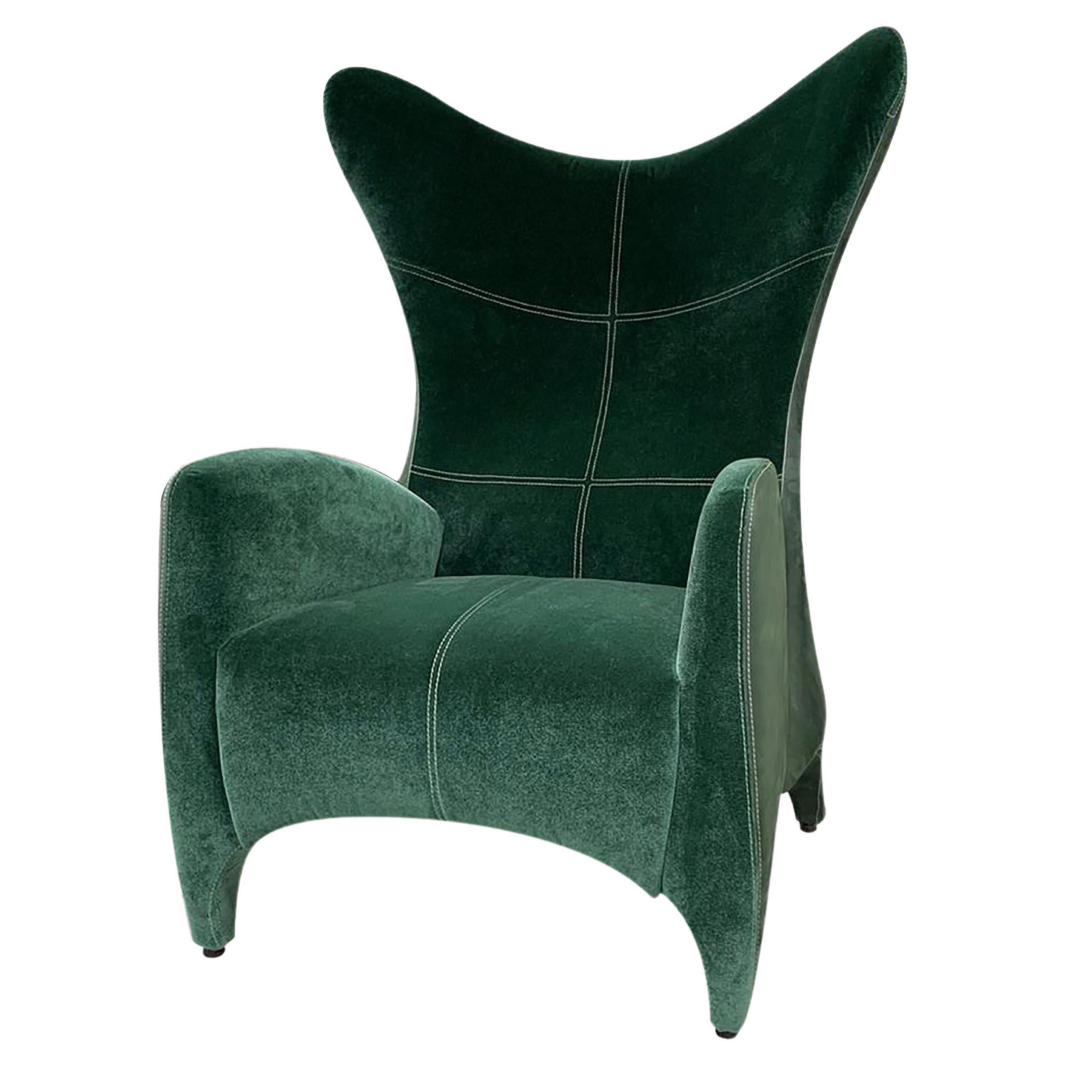 Modern Wing Chair Upholstered in Emerald Green Velvet For Sale
