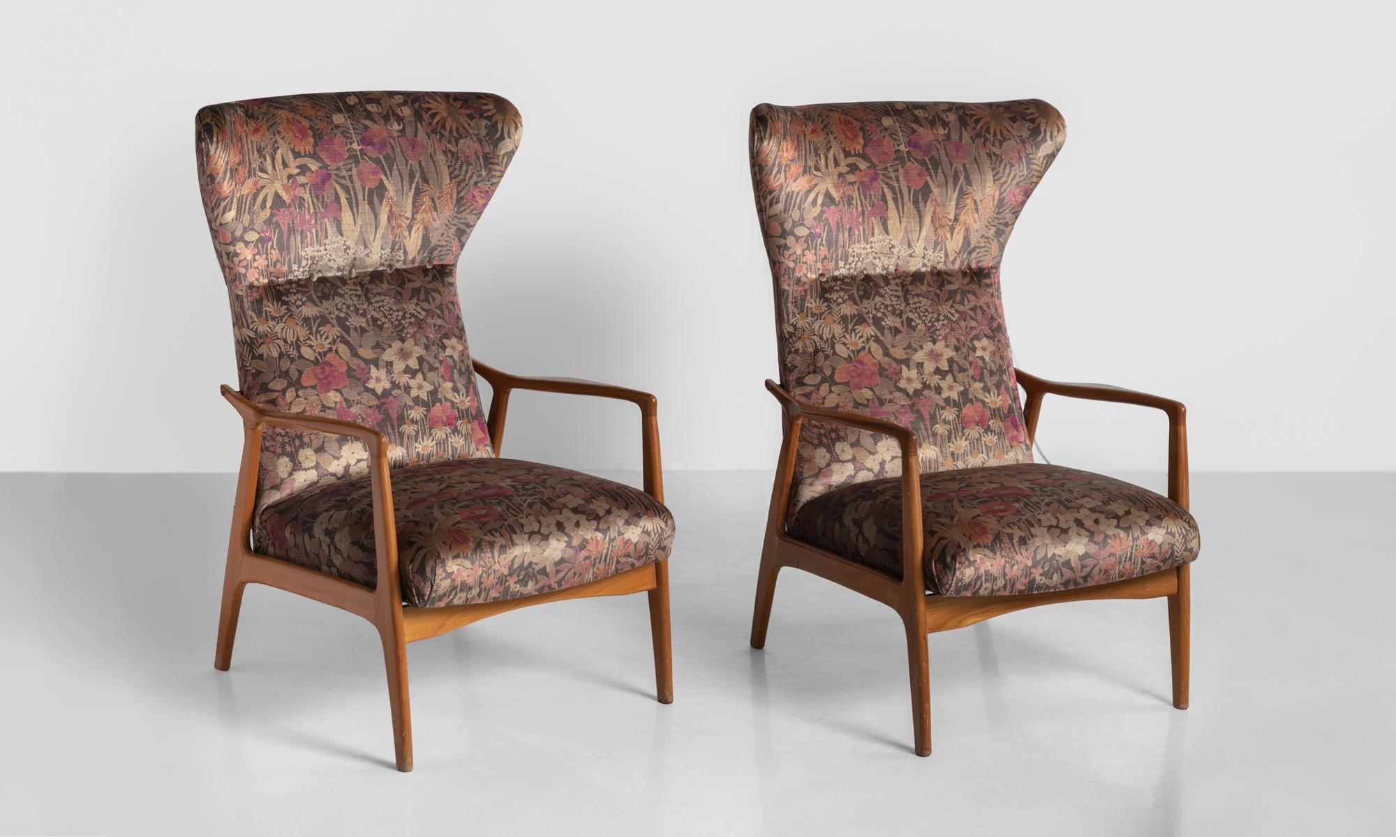 Modern wingback armchairs, France, circa 1950.

Tall forms, newly upholstered in Liberty of London velvet.