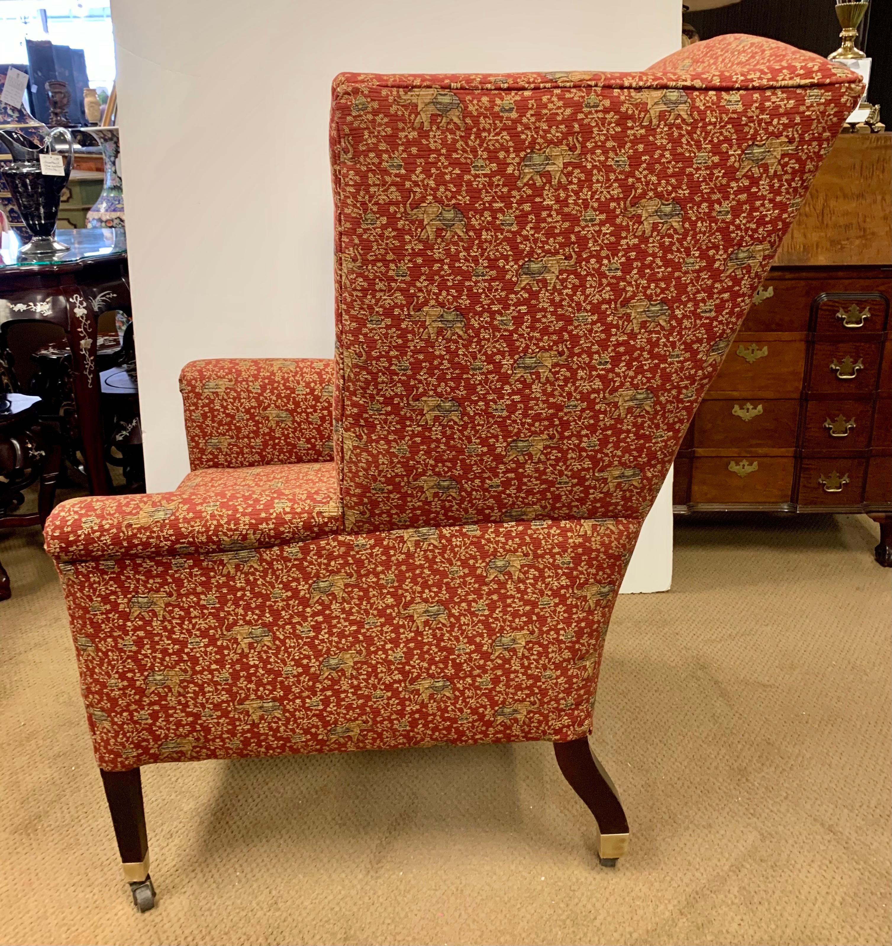 Modern Wingback Chair with Red Chinoiserie Print Upholstery In Good Condition In West Hartford, CT