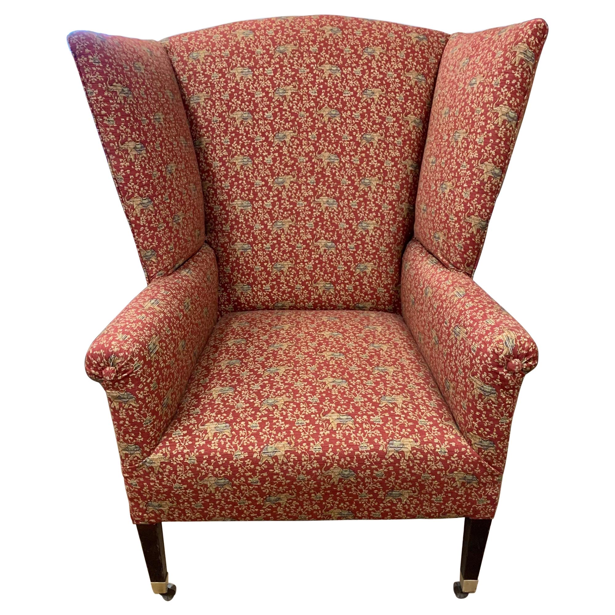 Modern Wingback Chair with Red Chinoiserie Print Upholstery