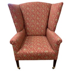 Vintage Modern Wingback Chair with Red Chinoiserie Print Upholstery