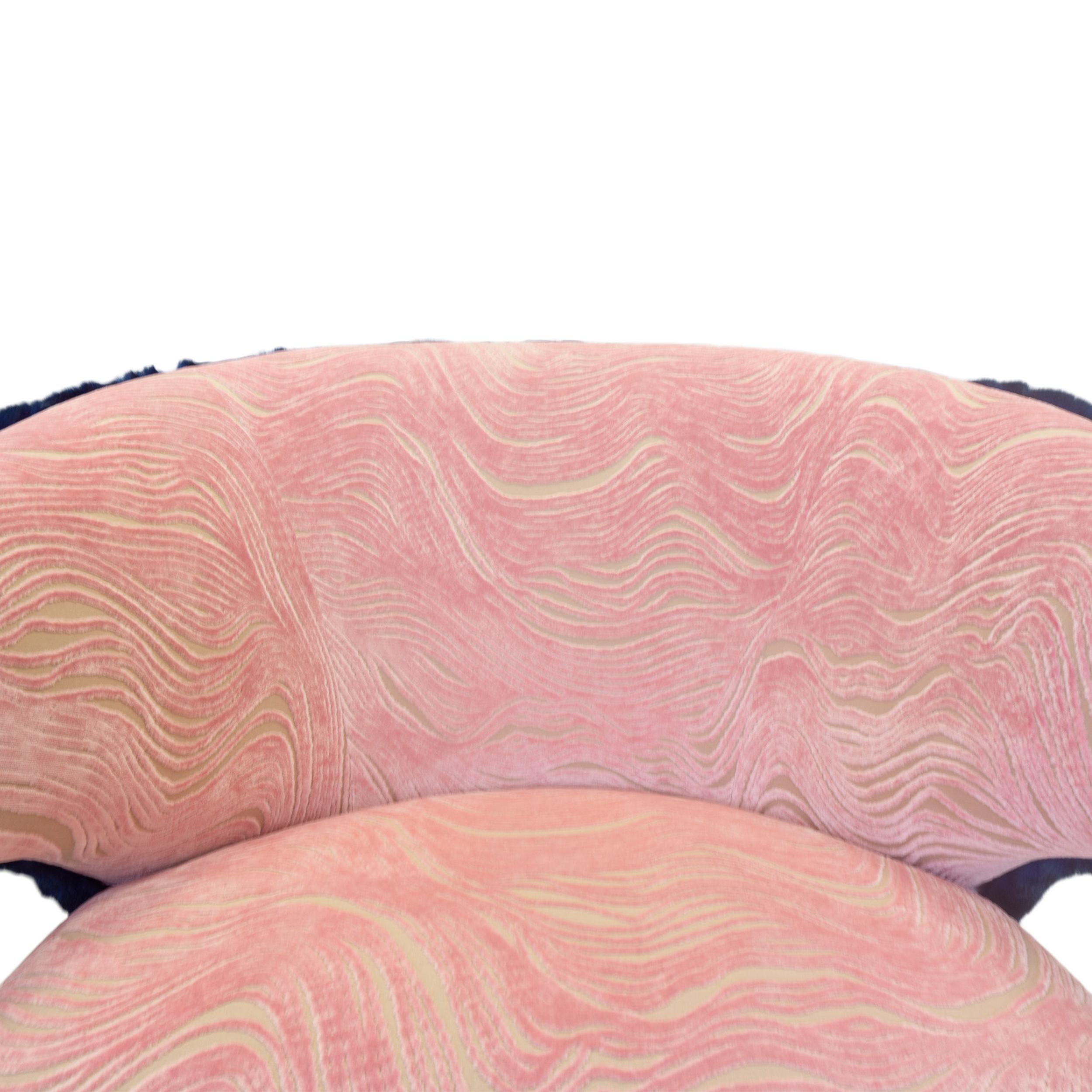 Modern Winged Swivel Chair with Pink Cut Velvet and Cobalt Faux Fur For Sale 1