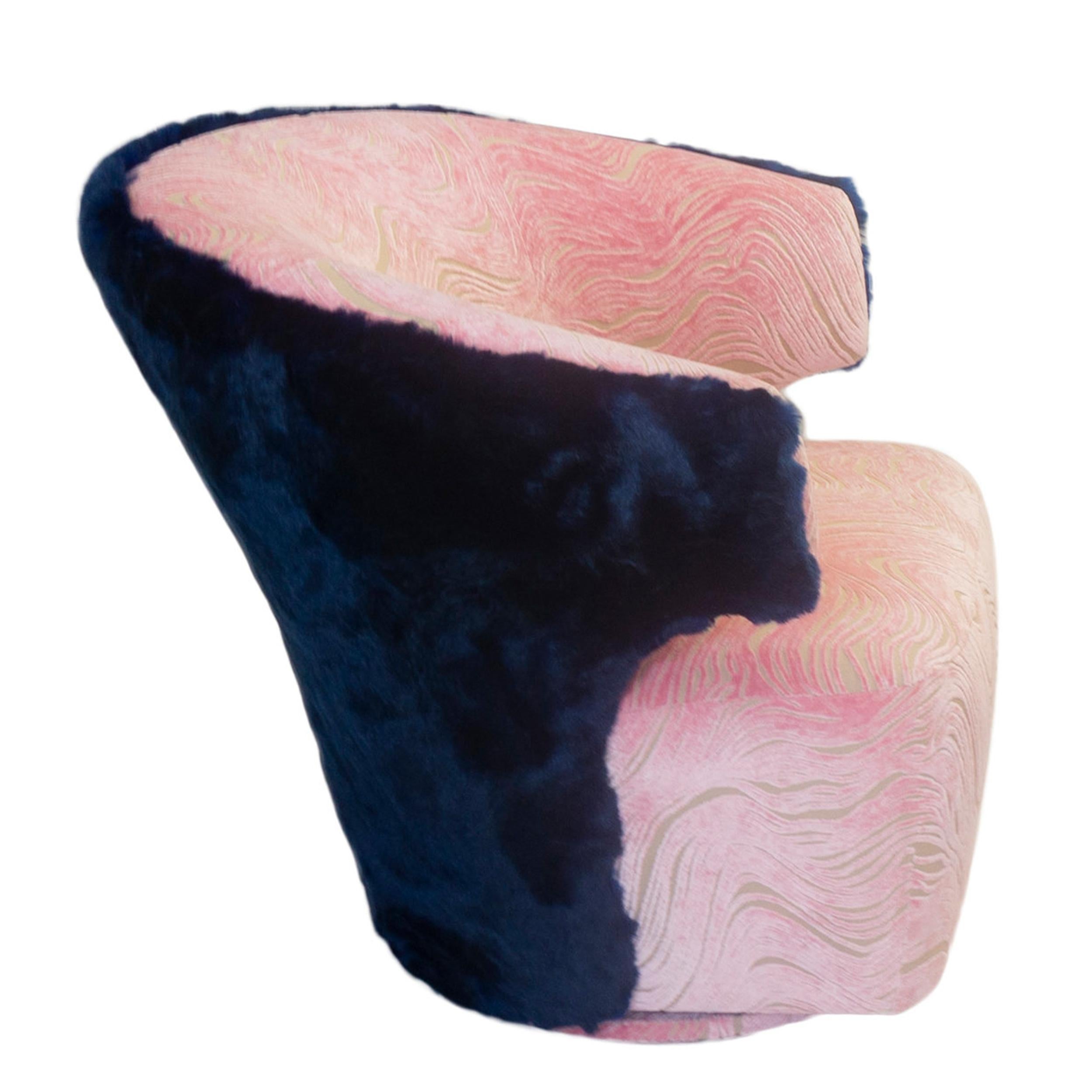 Mid-Century Modern Modern Winged Swivel Chair with Pink Cut Velvet and Cobalt Faux Fur For Sale