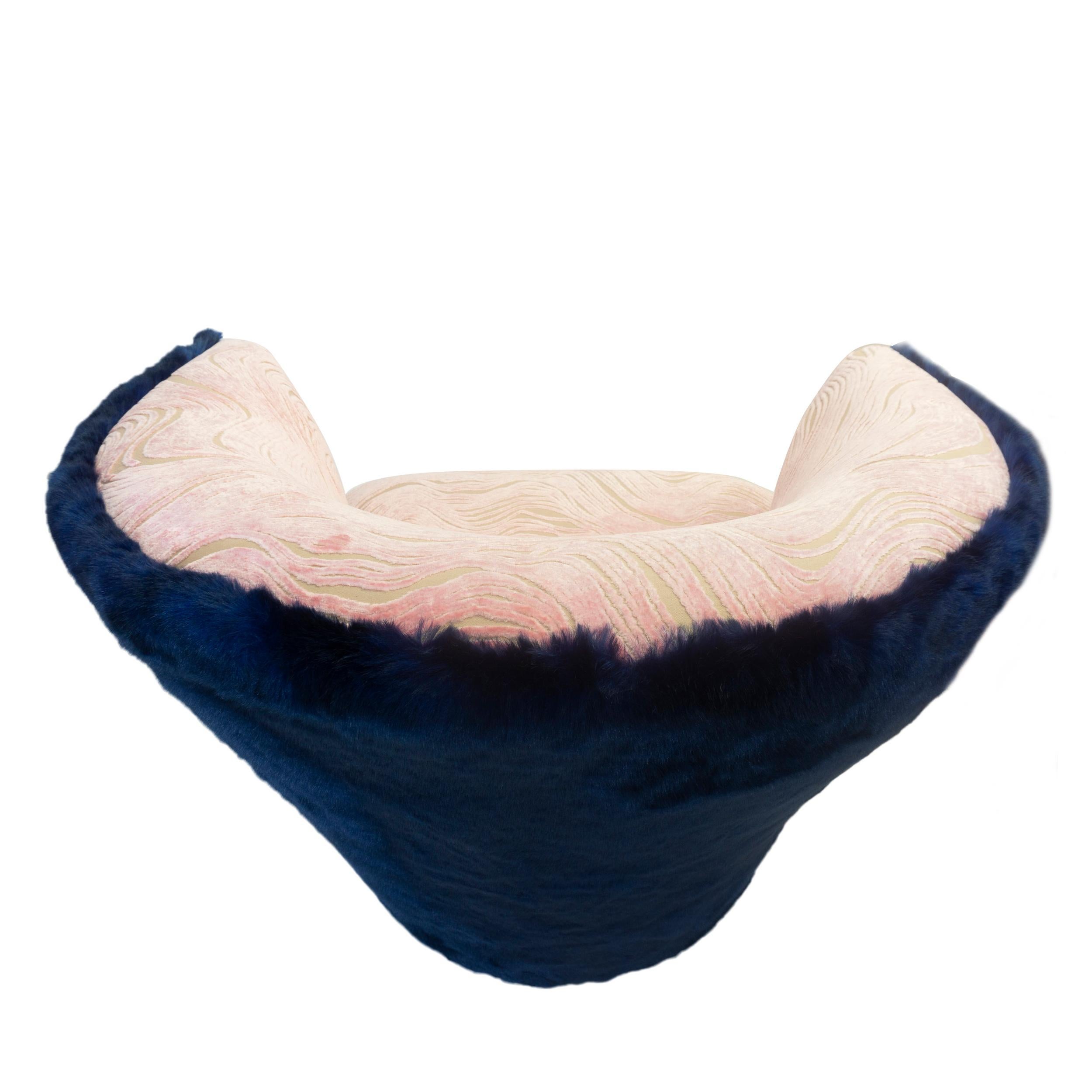 Modern Winged Swivel Chair with Pink Cut Velvet and Cobalt Faux Fur In New Condition For Sale In Greenwich, CT