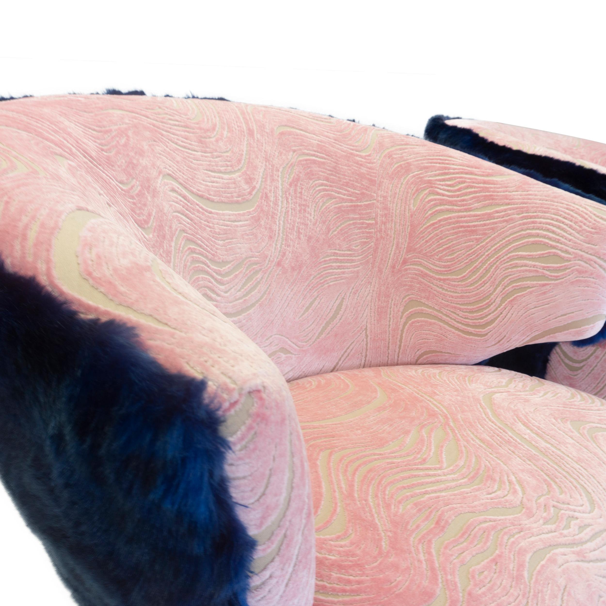Contemporary Modern Winged Swivel Chair with Pink Cut Velvet and Cobalt Faux Fur For Sale