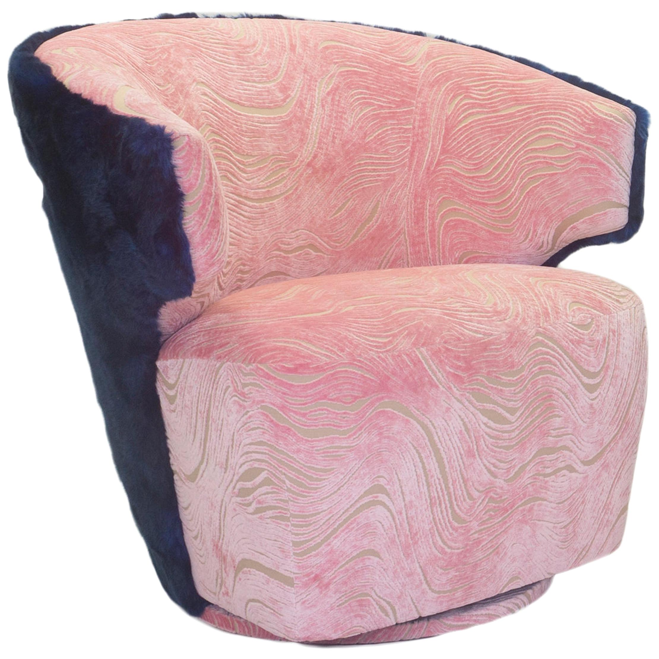 Modern Winged Swivel Chair with Pink Cut Velvet and Cobalt Faux Fur