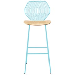 Modern Wire Bar Stool with a Wood Seat, Wood and Wire Bar Stool in Aqua