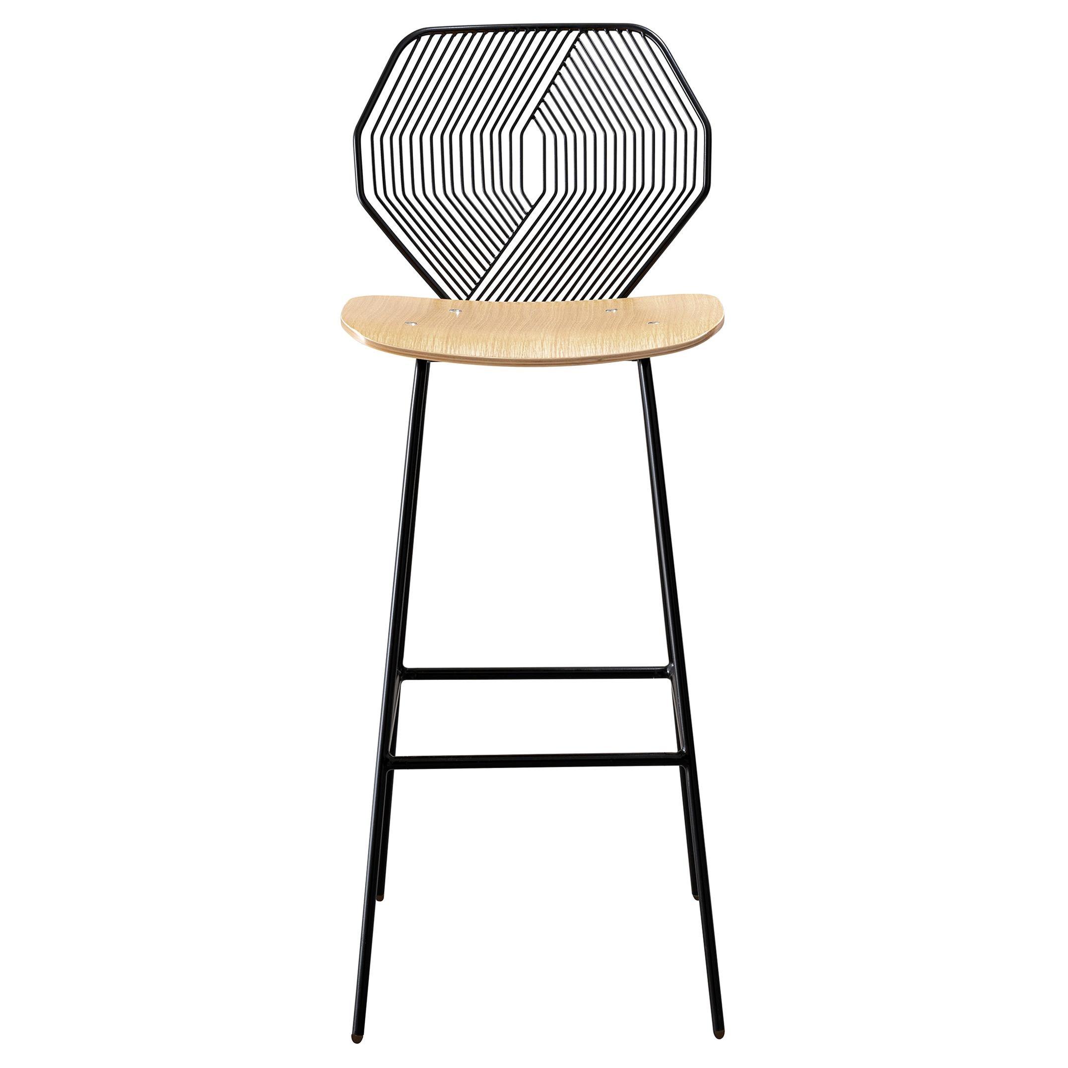 Modern Wire Bar Stool with a Wood Seat, Wood and Wire Bar Stool in Black