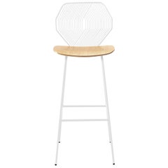 Modern Wire Bar Stool with a Wood Seat, Wood and Wire Bar Stool in White