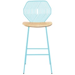 Modern Wire Counter Stool with a Wood Seat, Wood and Wire Counter Stool in Aqua