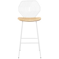 Modern Wire Counter Stool with a Wood Seat, Wood and Wire Counter Stool in White