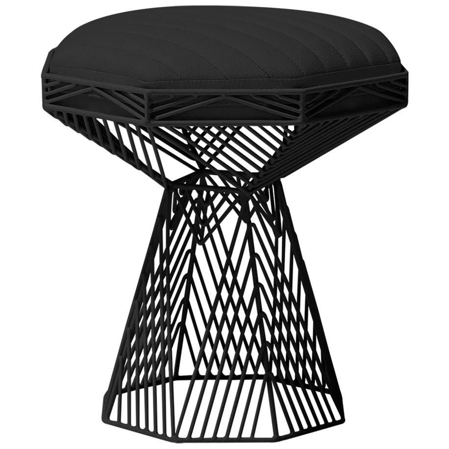 Modern Wire Stool, in Black with a Reversible Black Leather Top