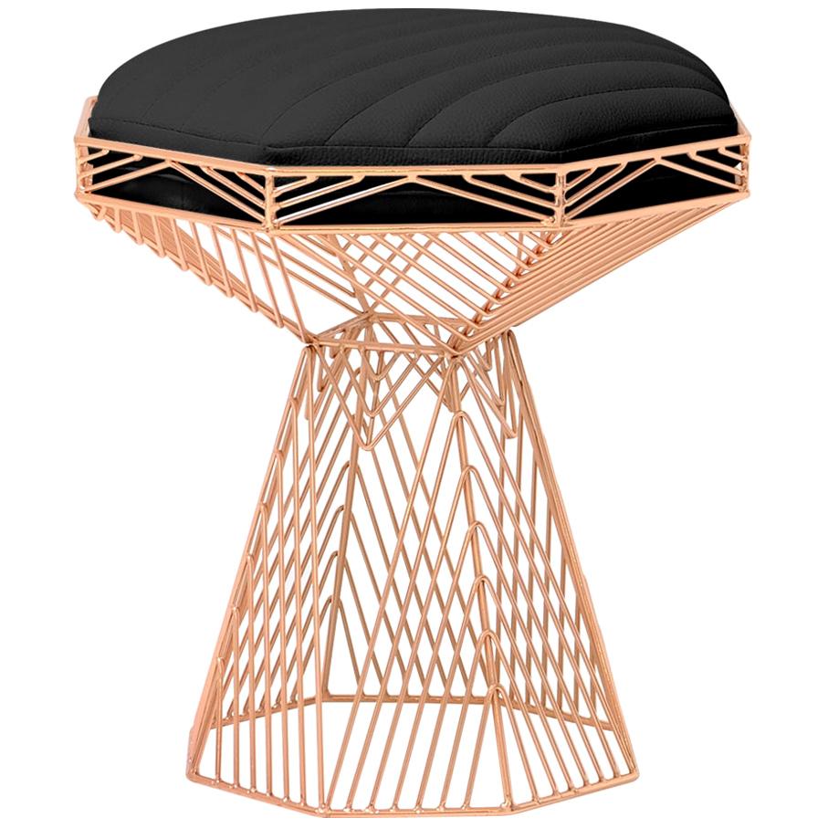 Modern Wire Stool, in Copper with a Reversible Black Leather Top