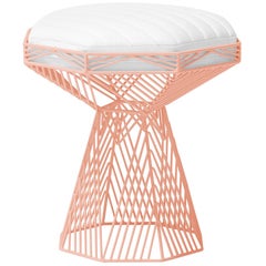 Modern Wire Stool, in Peachy Pink with a Reversible White Leather Top