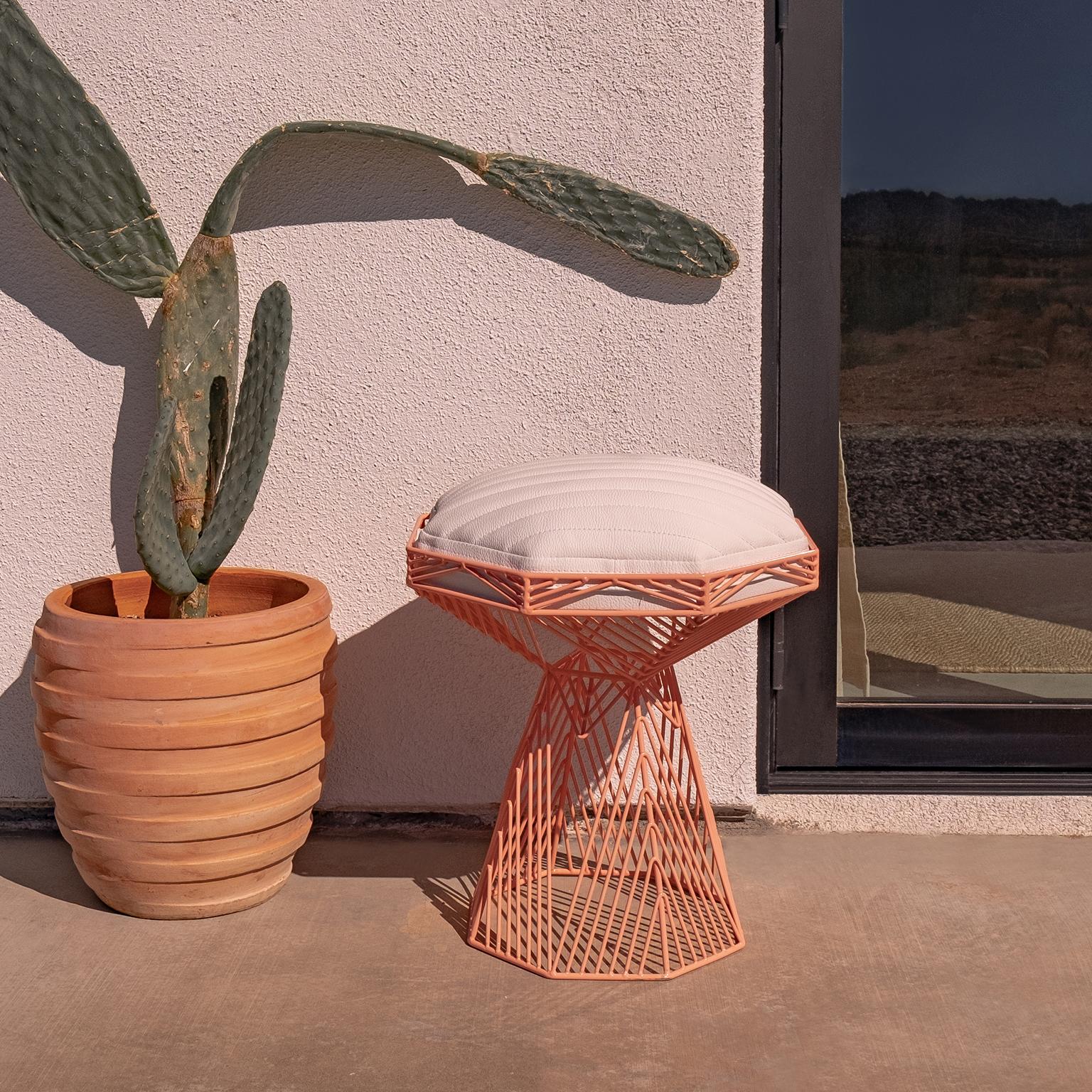 Contemporary Modern Wire Stool, in White with a Reversible White Leather Top