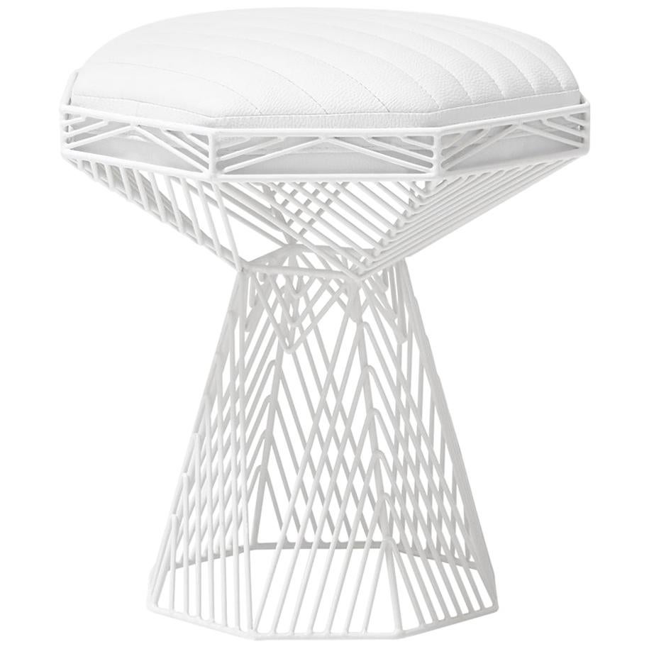 Modern Wire Stool, in White with a Reversible White Leather Top