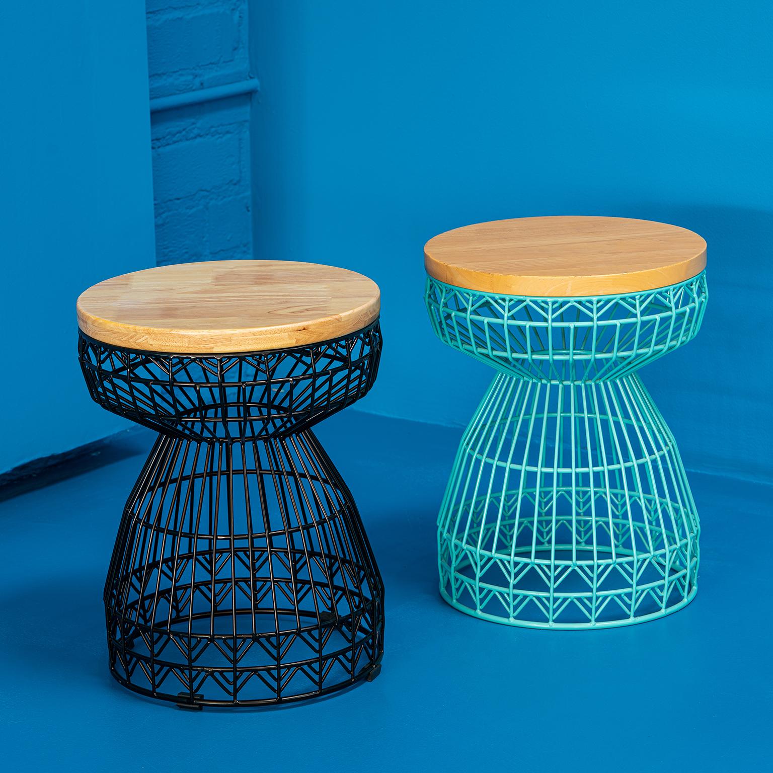 Powder-Coated Modern Wire Stool with a Wood Seat, Sweet Stool in Black by Bend Goods