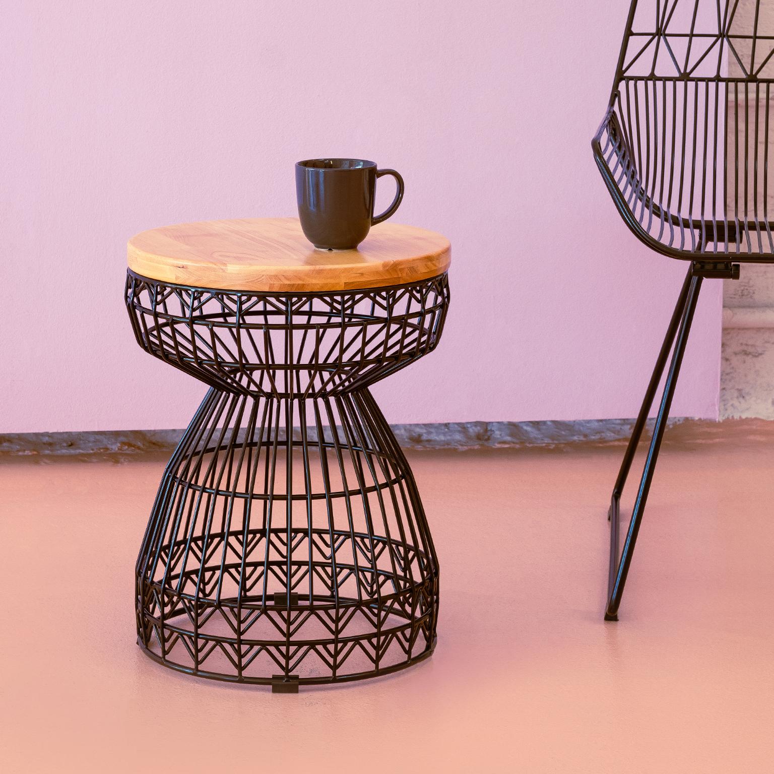 Modern Wire Stool with a Wood Seat, Sweet Stool in Black by Bend Goods In New Condition In Ontario, CA