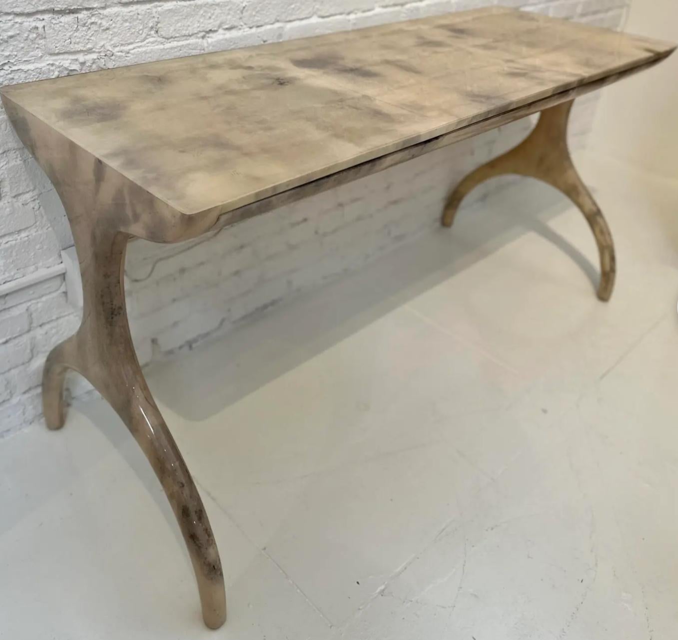 Modern Wishbone Leg Goatskin Parchment Console Writing Table Desk In Good Condition For Sale In LOS ANGELES, CA
