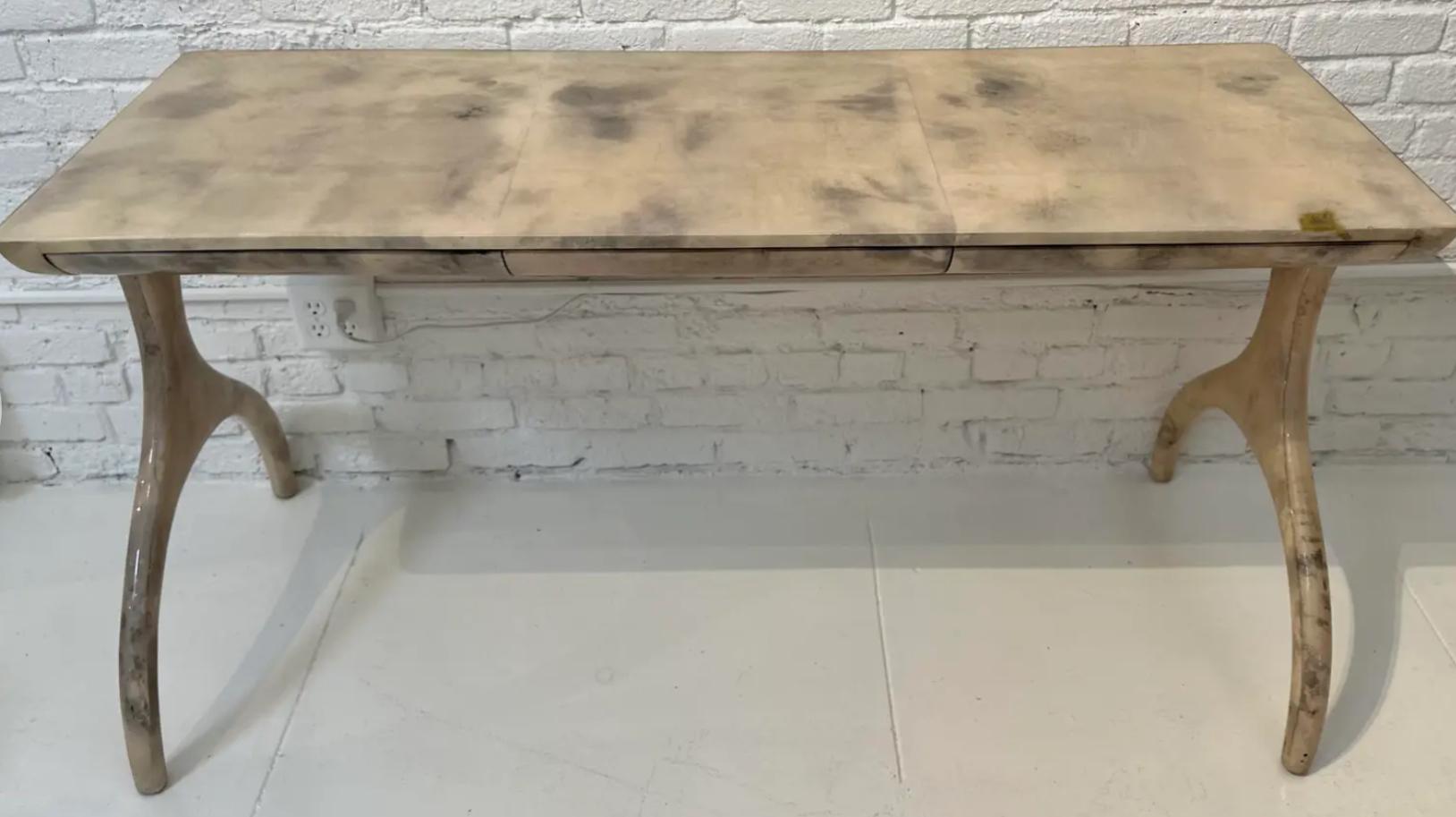 Late 20th Century Modern Wishbone Leg Goatskin Parchment Console Writing Table Desk For Sale
