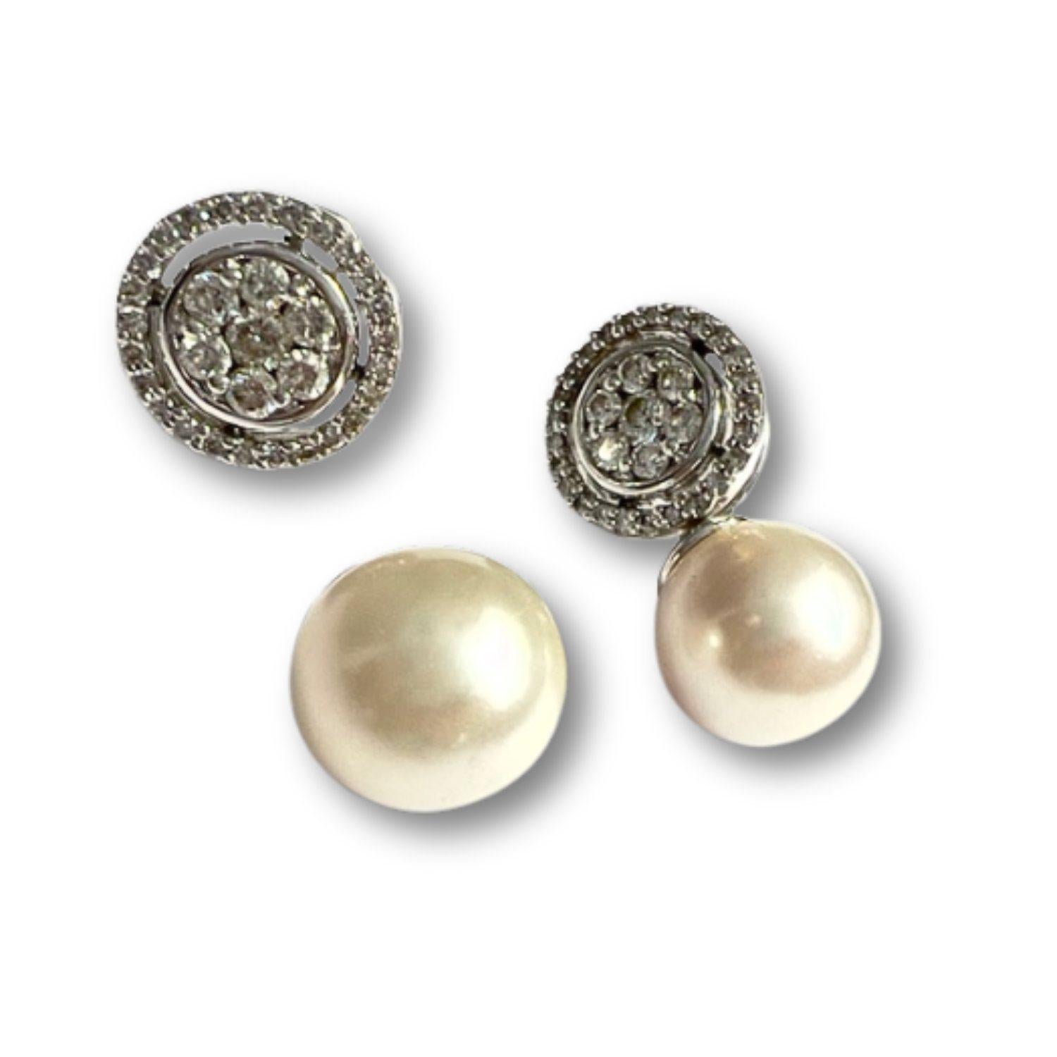 Modern earrings crafted in 18k white gold, featuring both diamonds and a lustrous pearl. With a weight of 9.66 grams, these earrings measure 2.5 cm with the pearl and 1.5 cm without it, offering versatility in styling. The diamonds total 1.04 carats