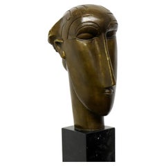 Modern Woman’s Head Patinated Bronze Sculpture
