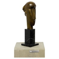 Modern Woman’s Head Patinated Bronze Sculpture
