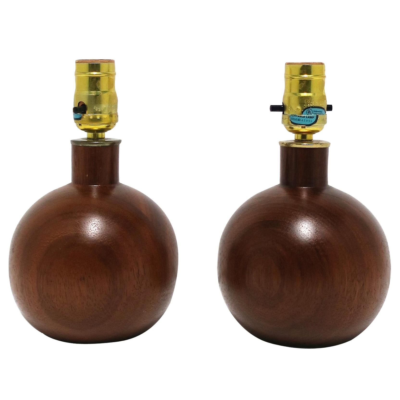 Modern Wood and Brass Round Ball Sphere Desk or Table Lamps