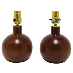 Vintage Modern Wood and Brass Round Ball Sphere Desk or Table Lamps