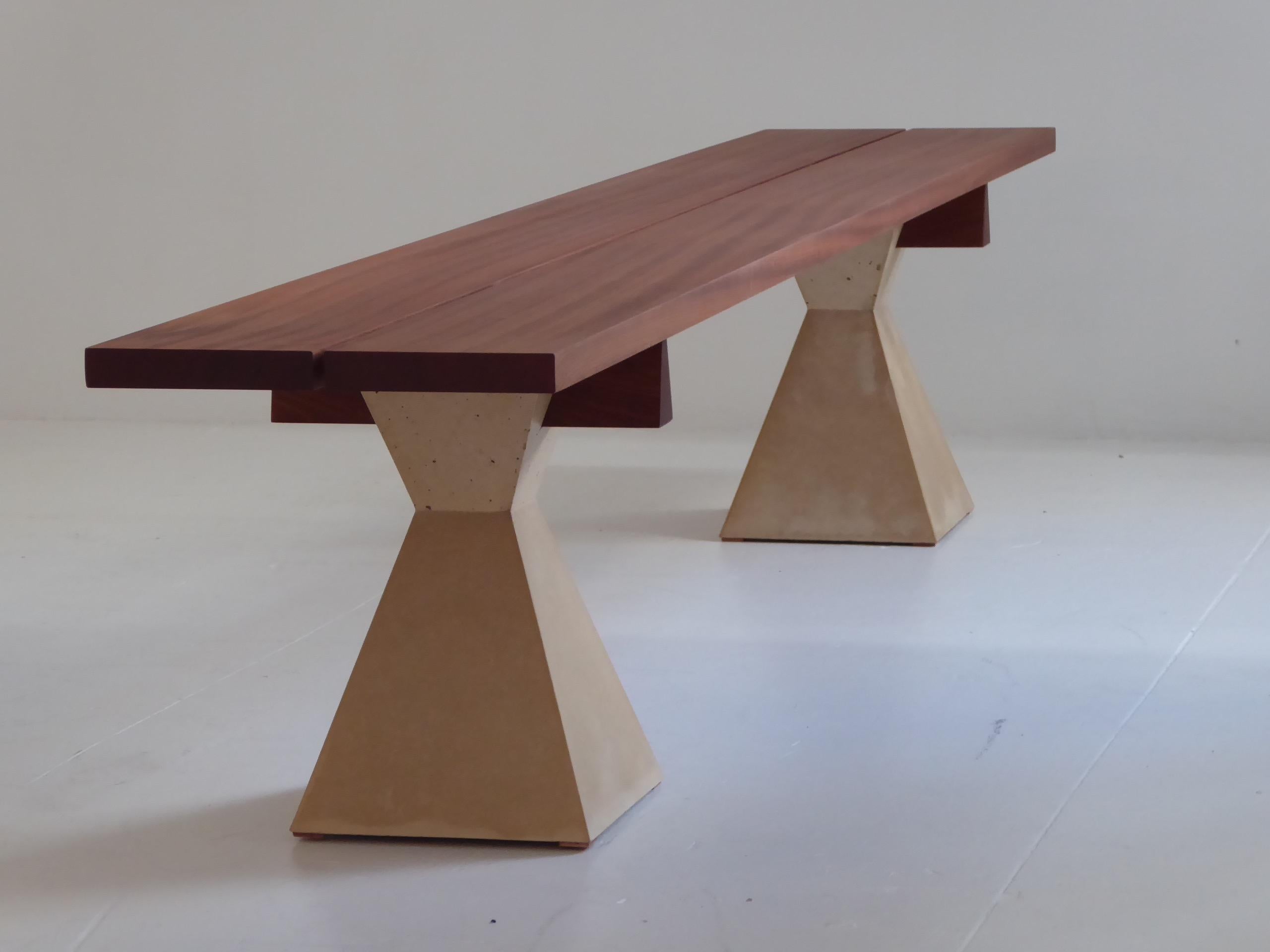 Contemporary Modern Wood and Concrete Dining Table Set with Benches For Sale