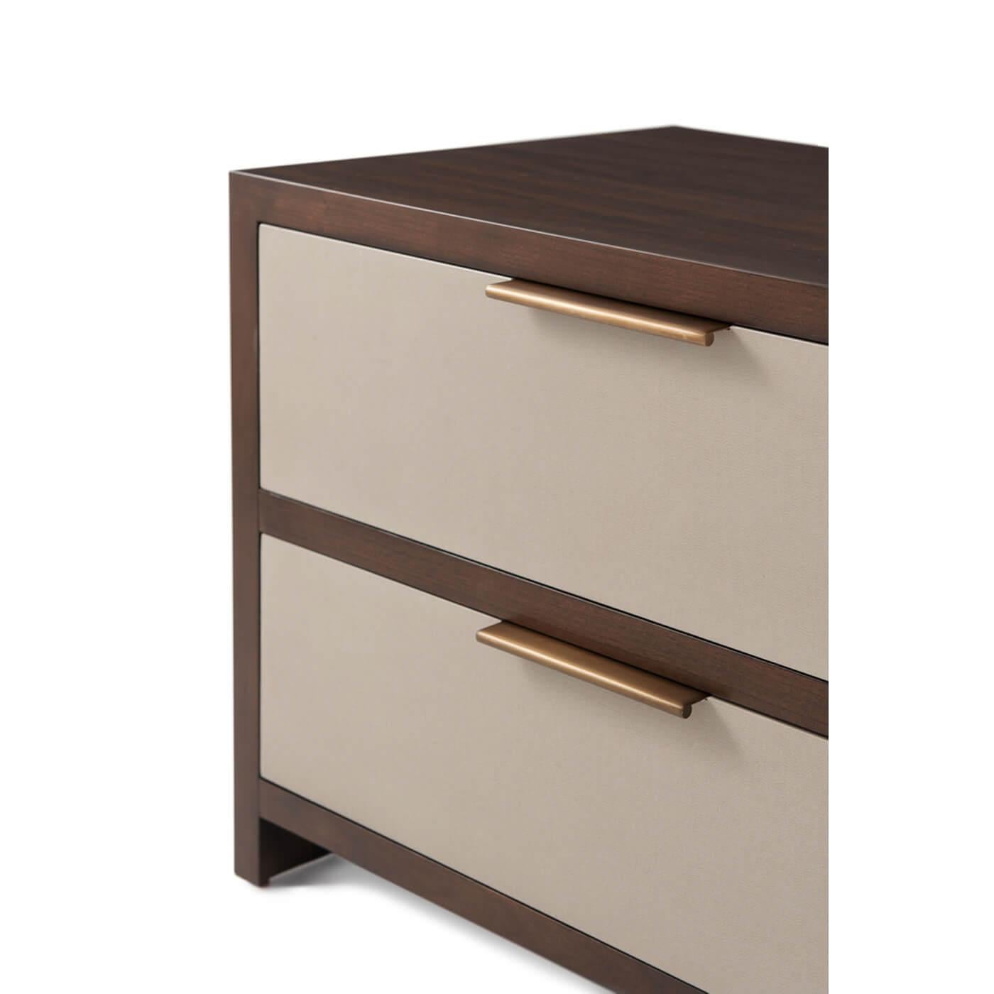 Contemporary Modern Wood and Leather Two-Drawer Nightstand