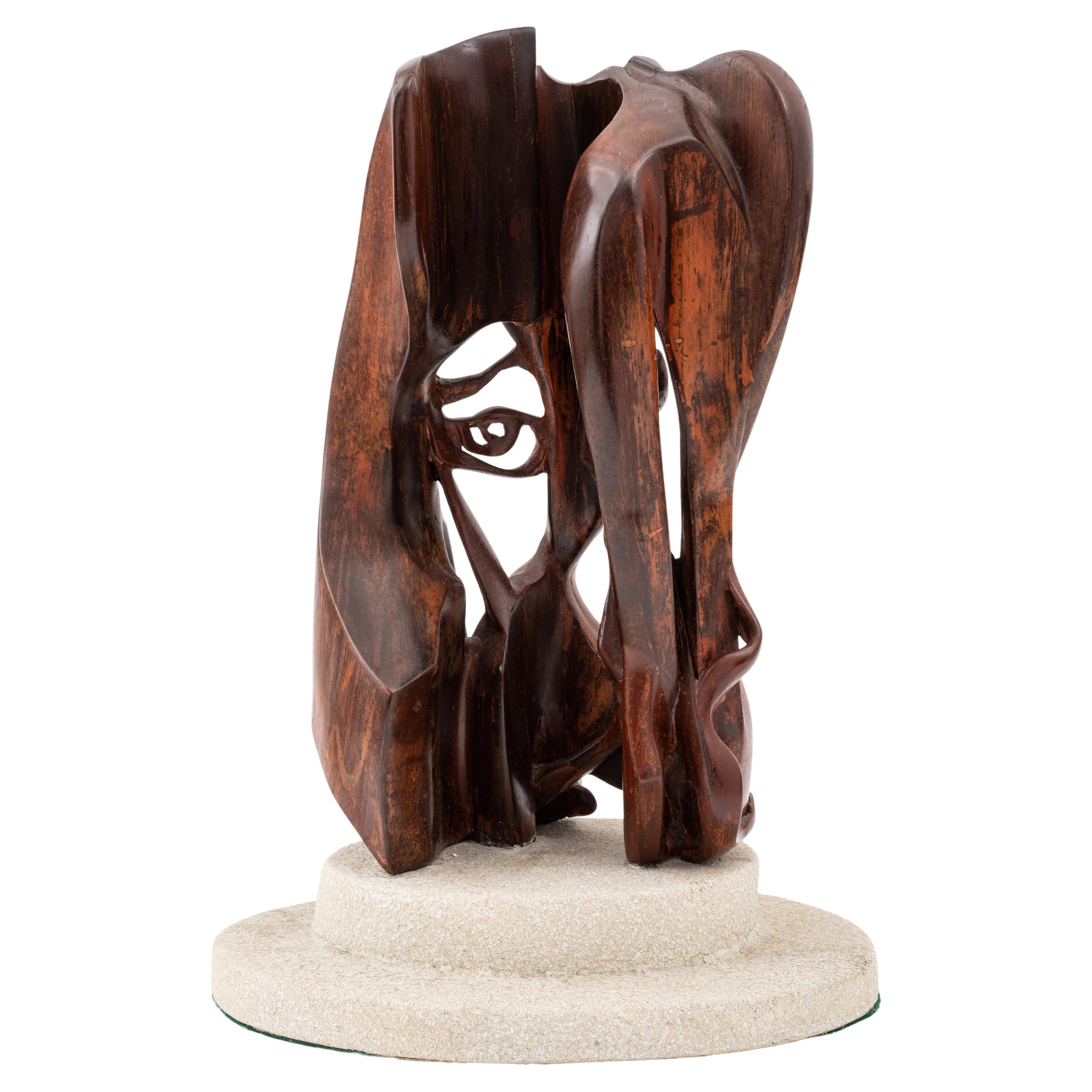 Modern Wood Carved Sculpture Depicting Face in Abstract Shapes 