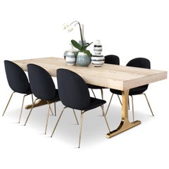 Modern Wood Dining Table in Whitewashed Solid Recycled Oak Top & Brass T-Legs