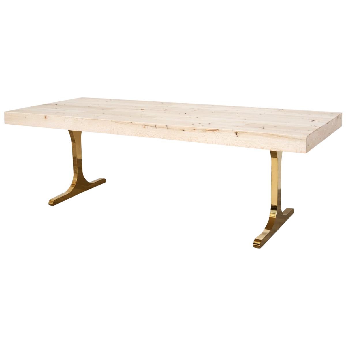 Modern Wood Dining Table in Whitewashed Solid Recycled Oak Top & Brass T-Legs For Sale