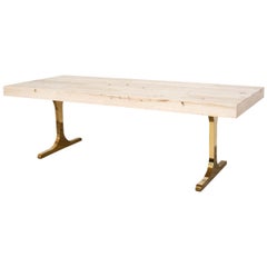 Modern Wood Dining Table in Whitewashed Solid Recycled Oak Top & Brass T-Legs