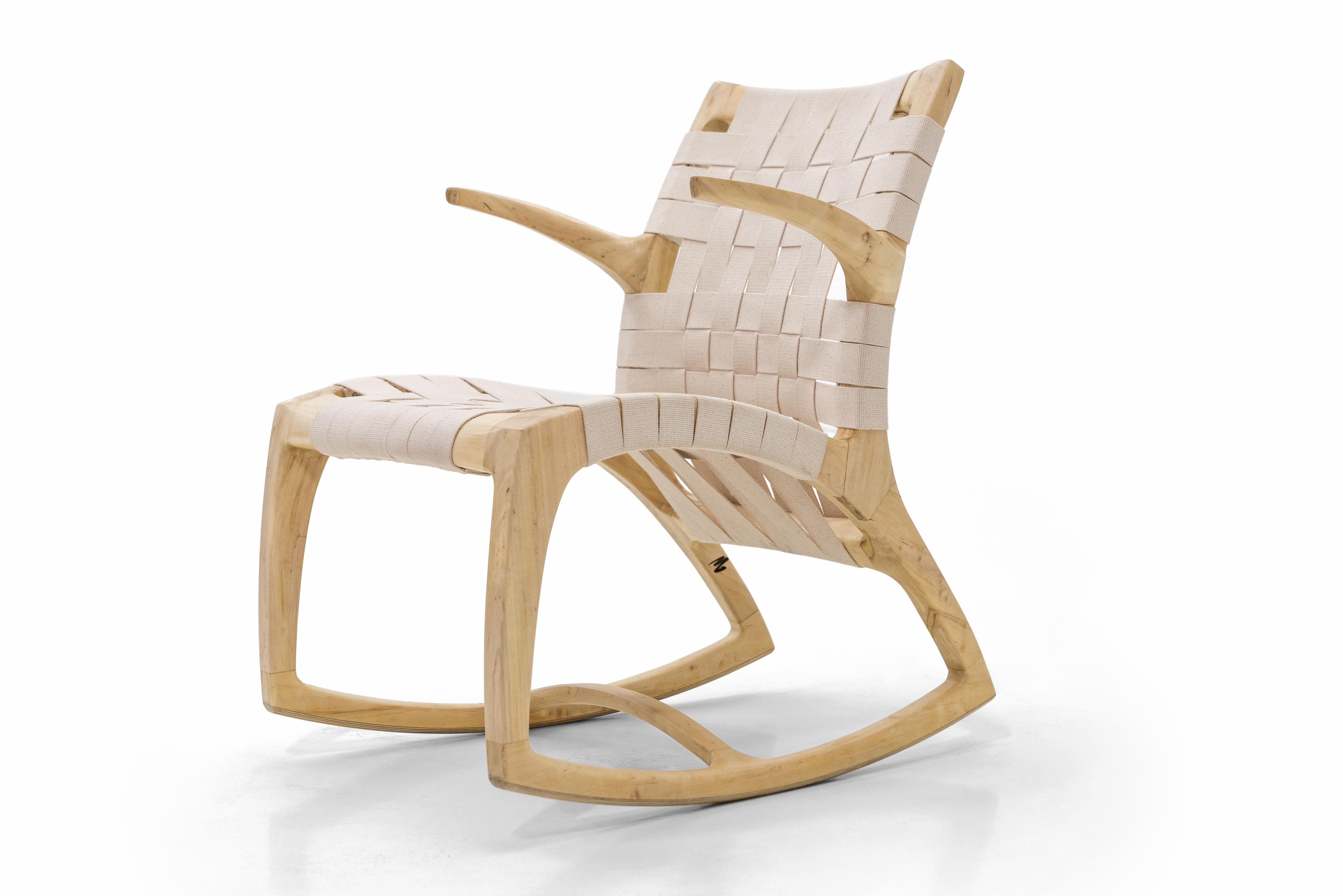 Modern Wood Luna Rocking Chair with Webbed Seat by Goebel For Sale 1