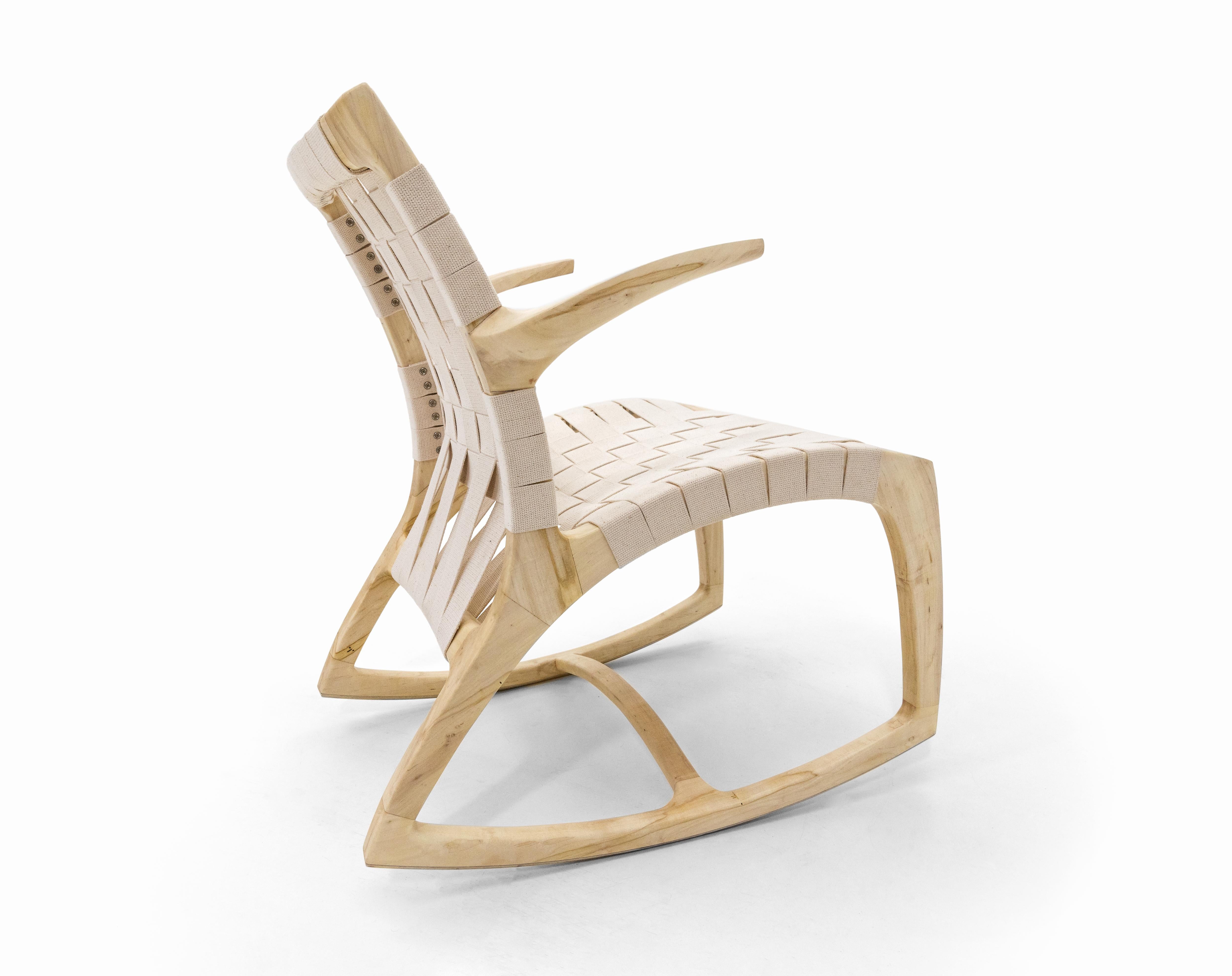 Cotton Modern Wood Luna Rocking Chair with Webbed Seat by Goebel For Sale