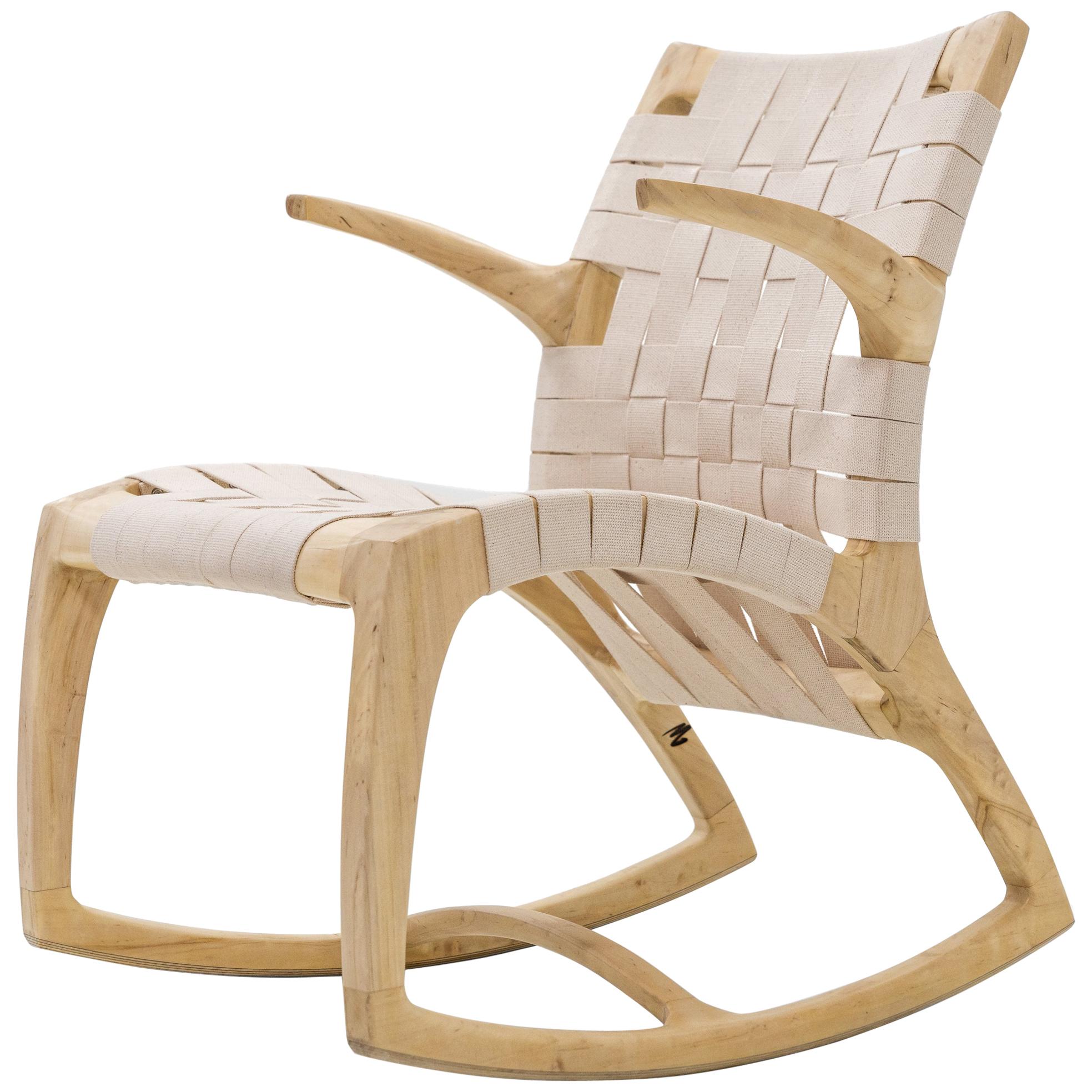Modern Wood Midcentury Luna Rocking Chair with Webbed Seat by Goebel For Sale