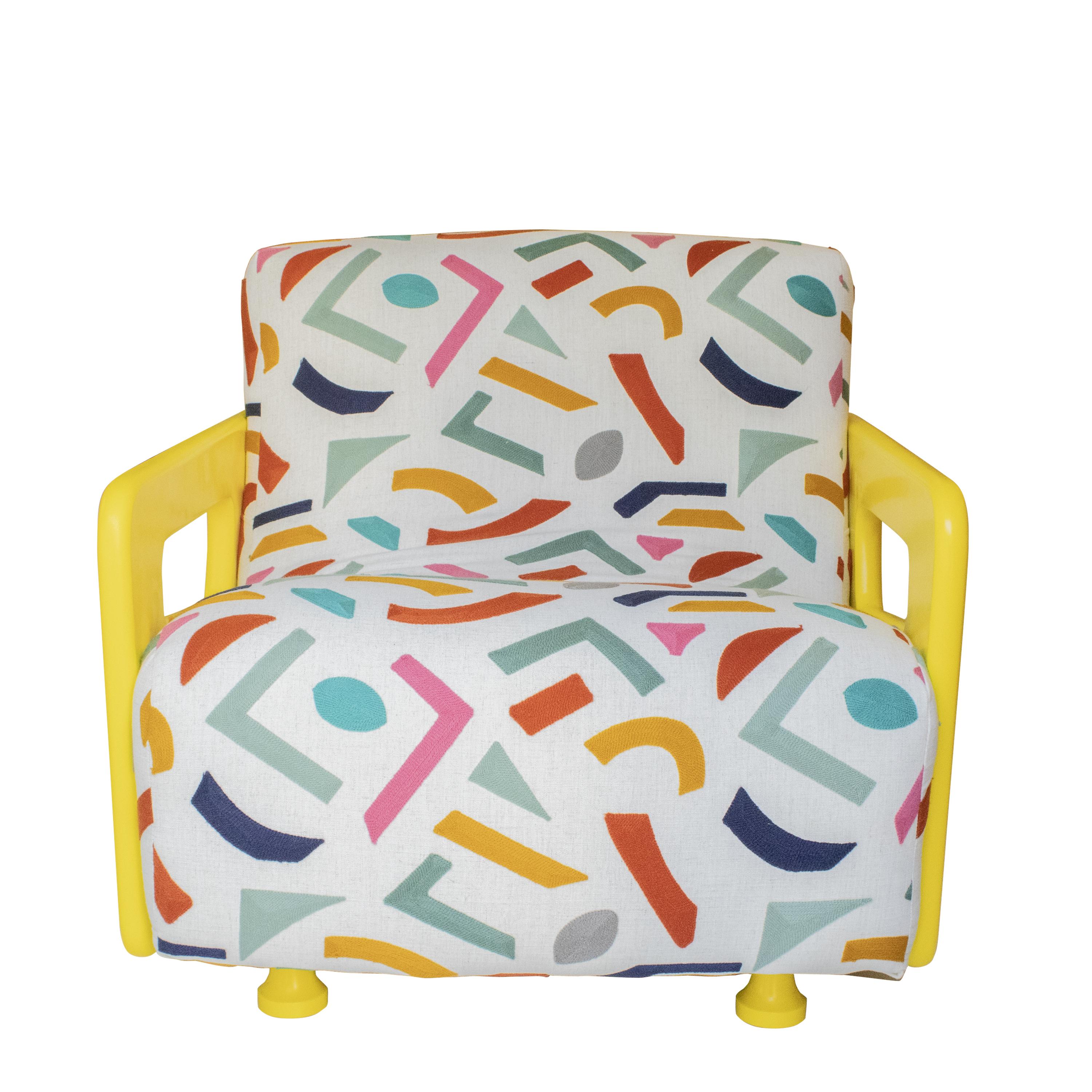Pair of modern Italian Armchairs with a solid wood structure and whimsical armrests lacquered in yellow paint with a matte finish. 
The armchairs consist of a foam body reupholstered in cotton and linen embroidered with geometric patterns.