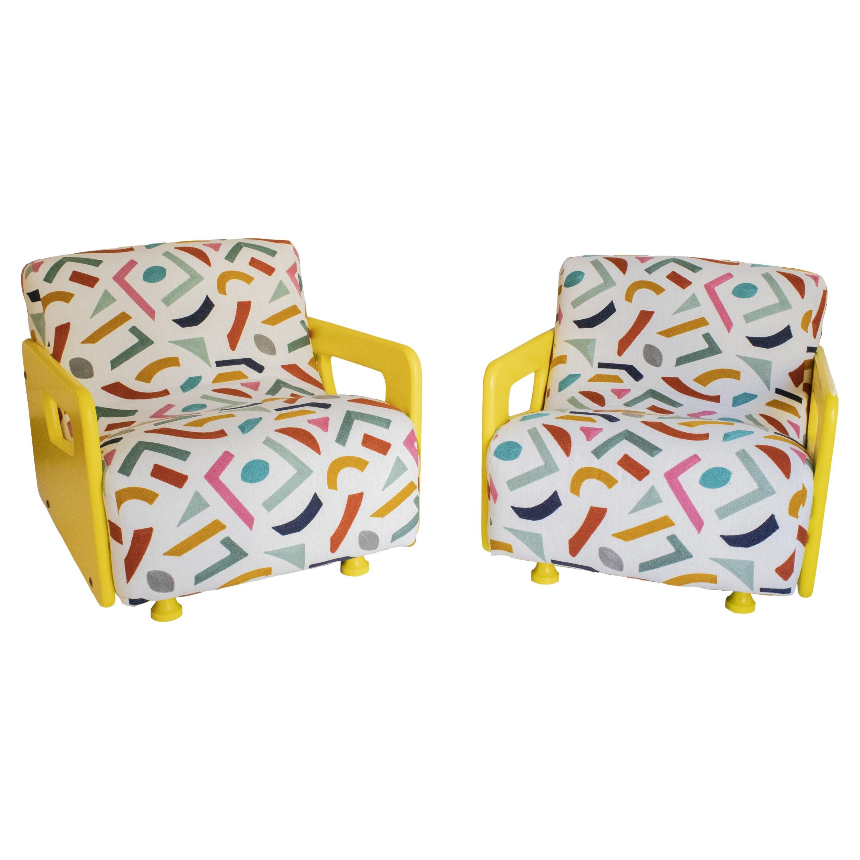 Modern Armchairs with Lacquered Wood and Geometric Upholstery, Italy, 1970 For Sale