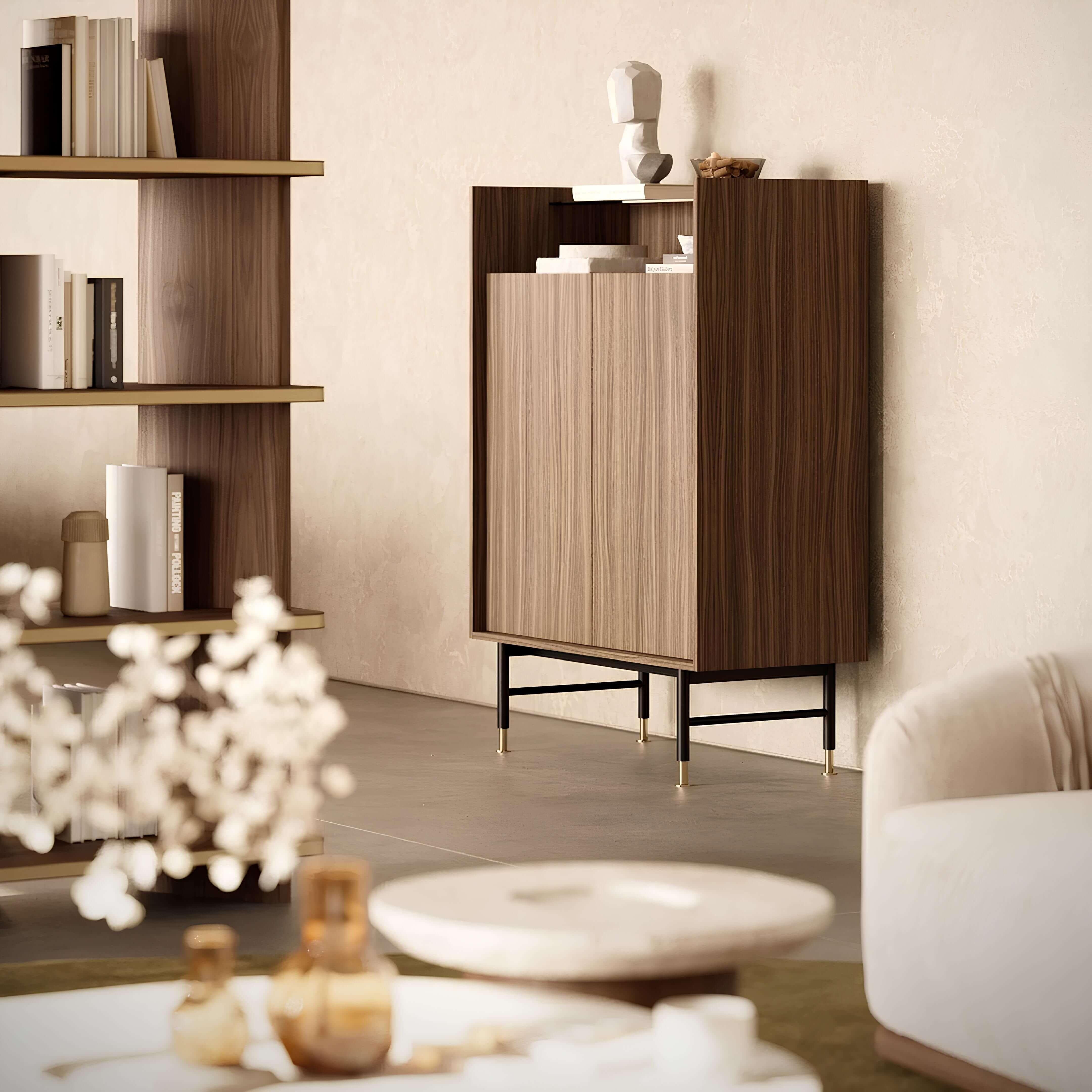 Impiallacciato Mobile bar moderno in legno con inserti in vetro e marmo in vendita