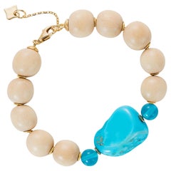 Bracelet moderne en perles de bois avec disques en or 18 carats, turquoise tachetée, topaze bleue de Londres