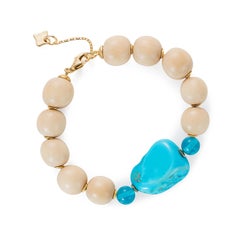 Modern Wooden Bead bracelet with 18k gold discs, Tumbled Turquoise, Champagne
