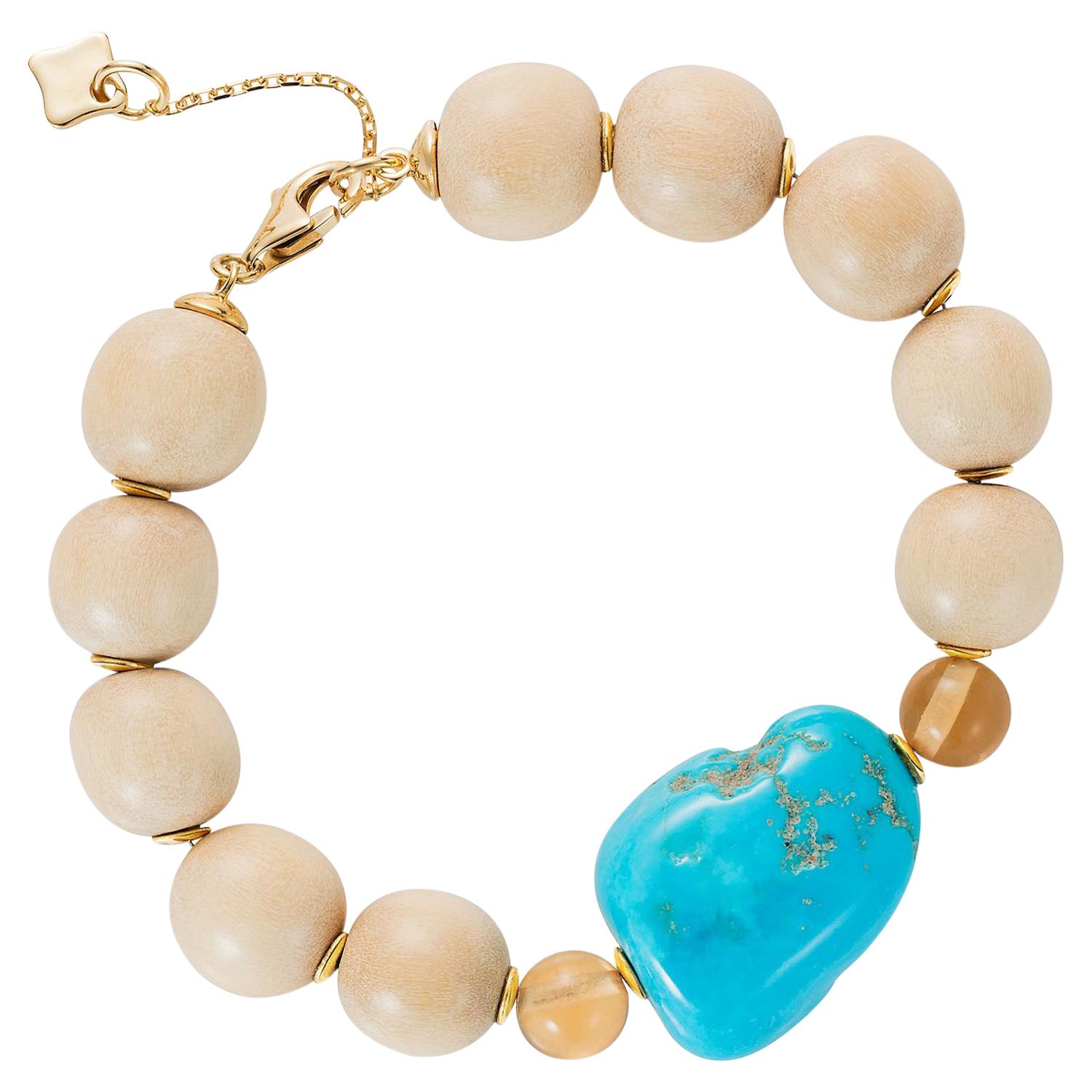  Modern Wooden Bead bracelet with 18k gold discs, Tumbled Turquoise, Champagne