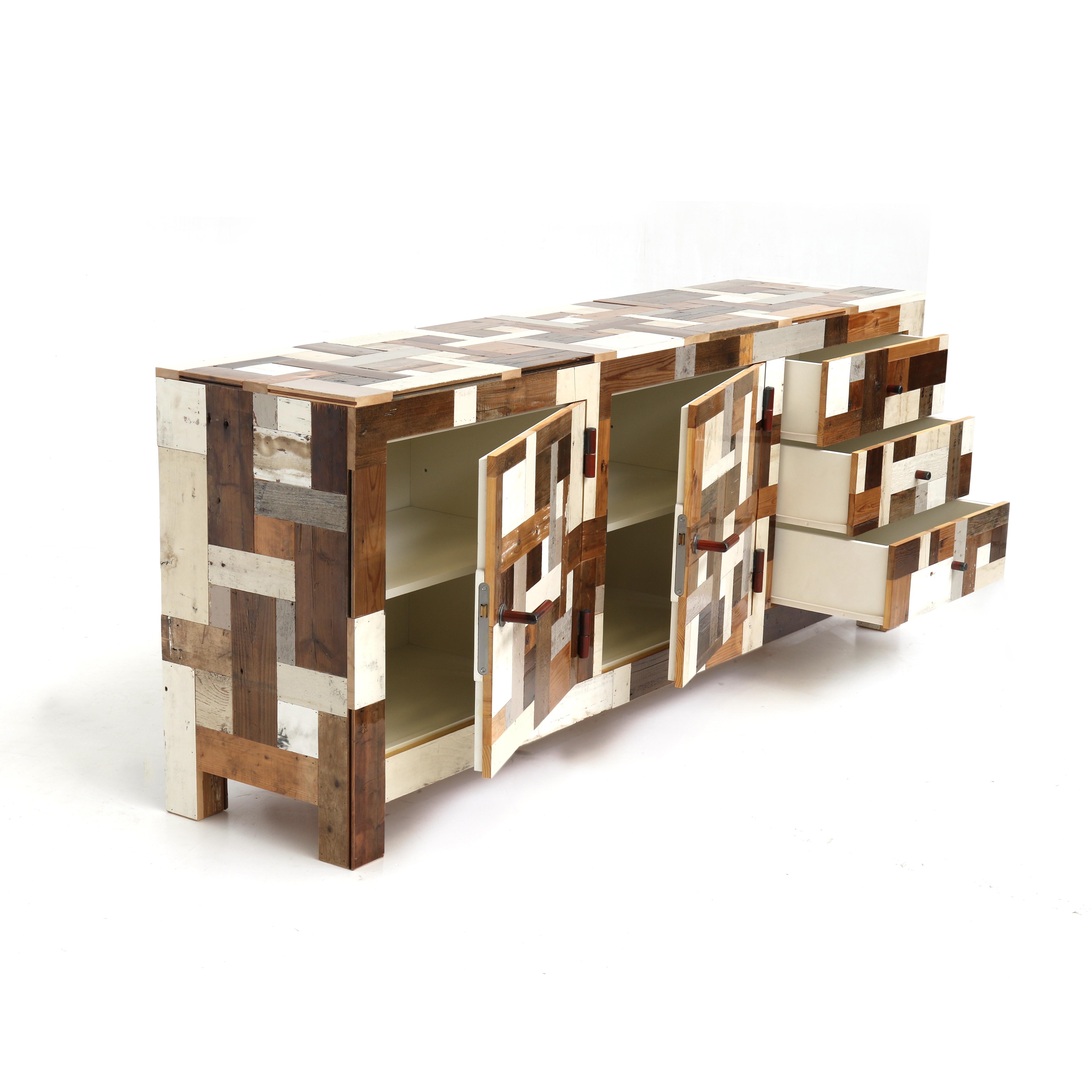 Modern Wooden Credenza 3 Drawers, Waste Cabinet in Scrapwood by Piet Hein Eek For Sale 4