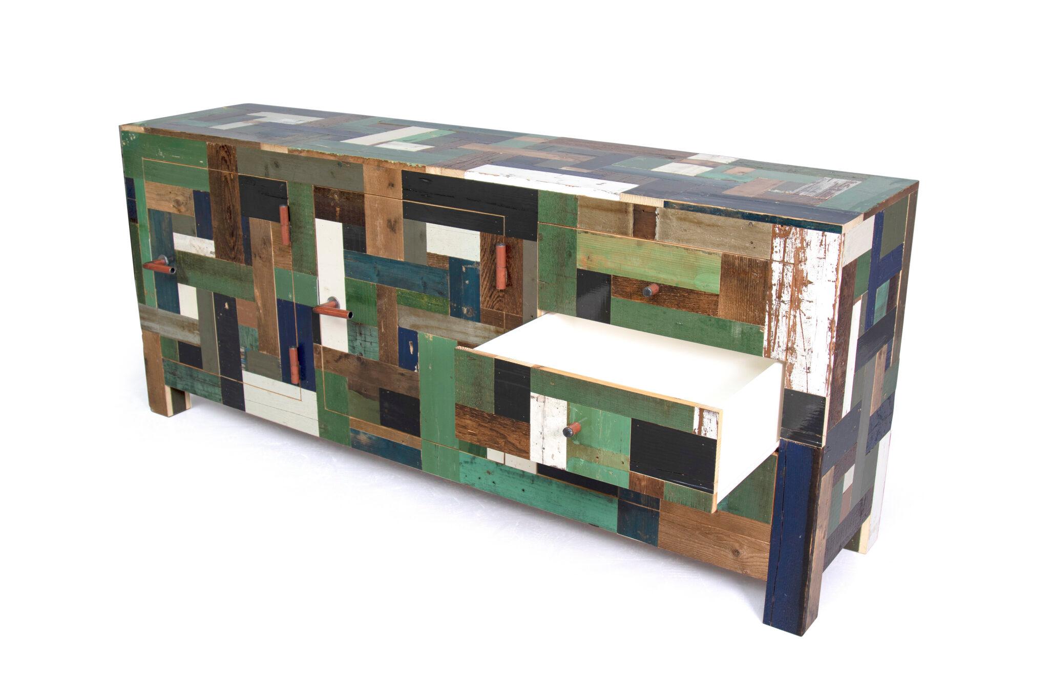 Modern Wooden Credenza 3 Drawers, Waste Cabinet in Scrapwood by Piet Hein Eek For Sale 5