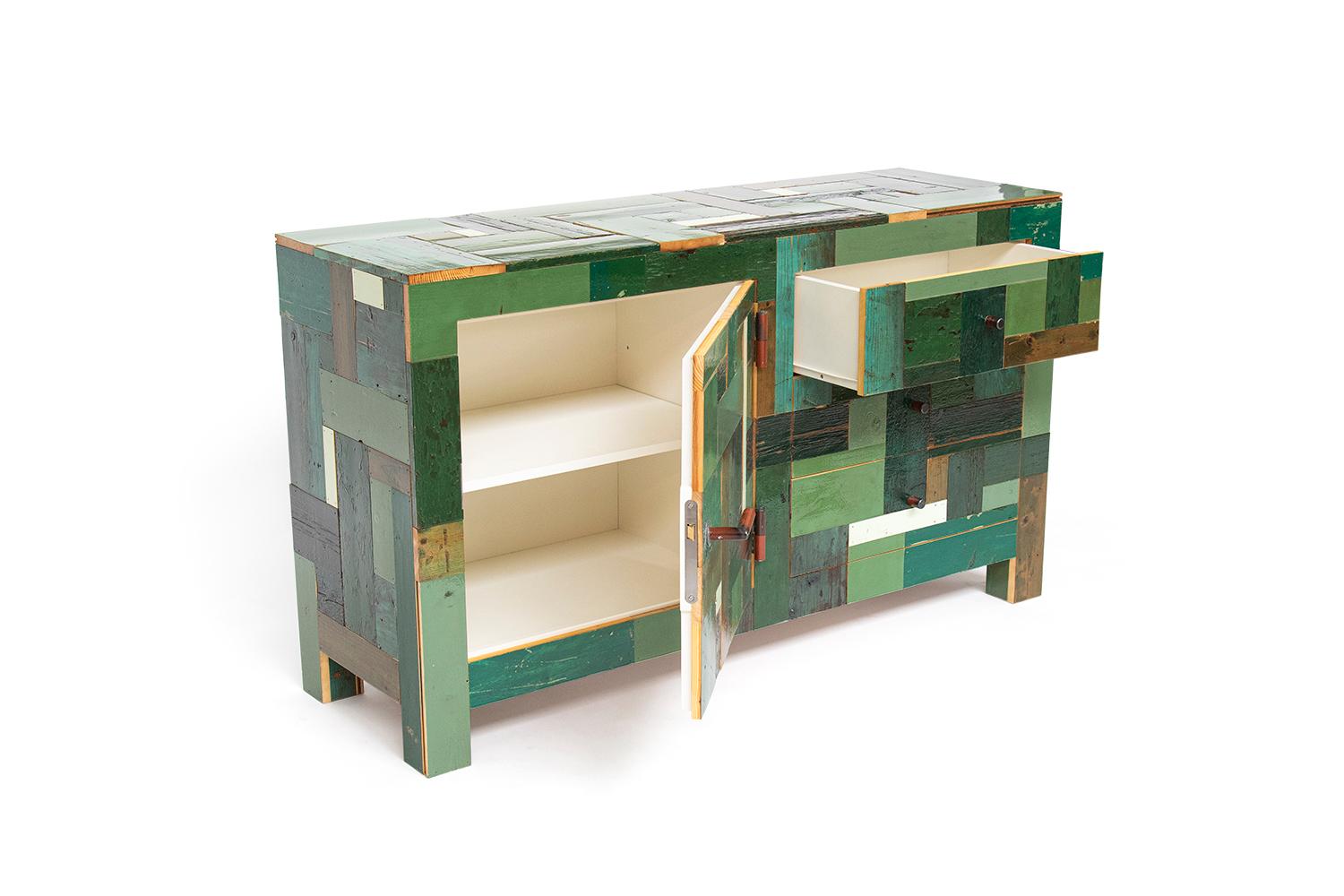 Contemporary Modern Wooden Credenza 3 drawers, Waste Cabinet in Scrapwood by Piet Hein Eek For Sale