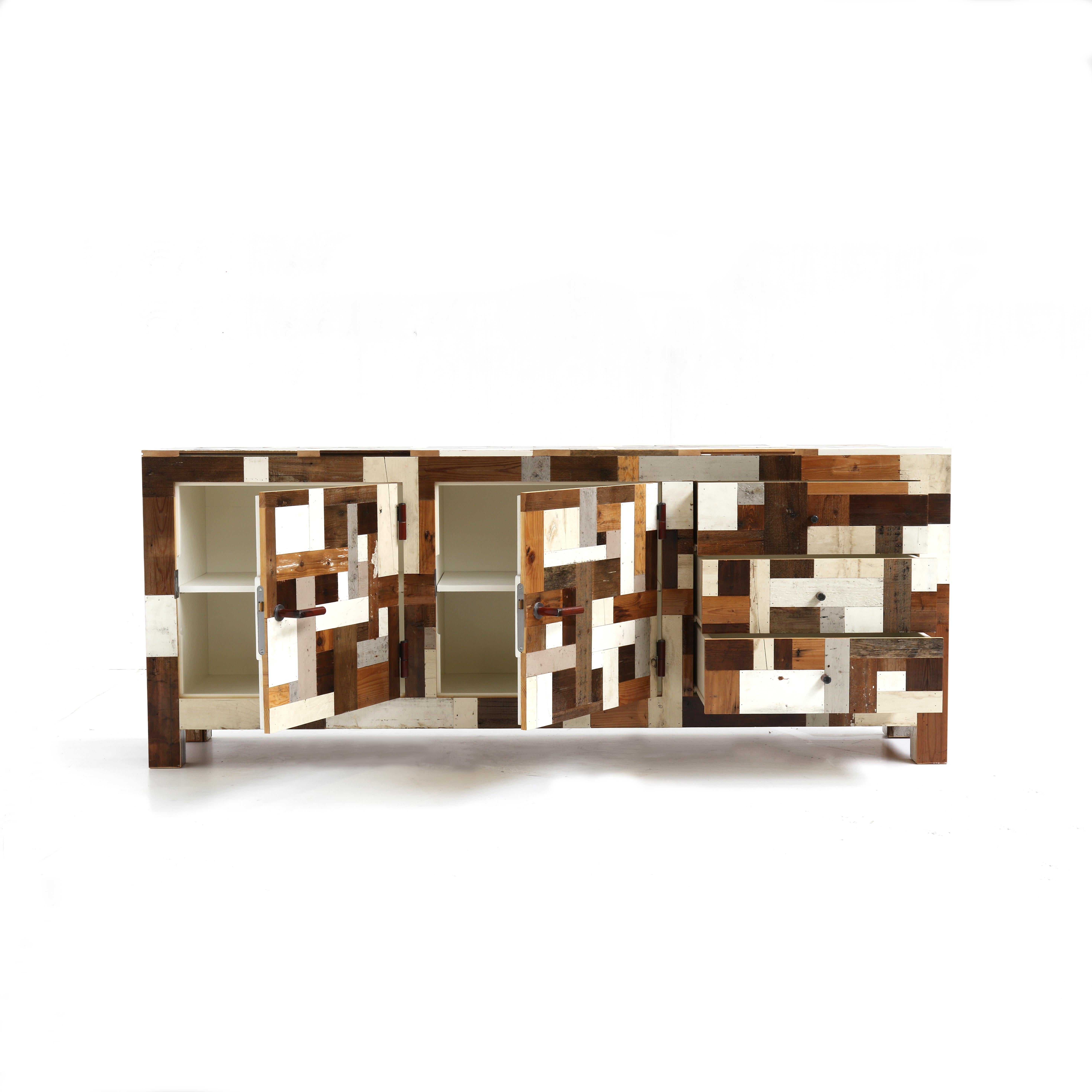 Scrap Wood Modern Wooden Credenza 3 Drawers, Waste Cabinet in Scrapwood by Piet Hein Eek For Sale